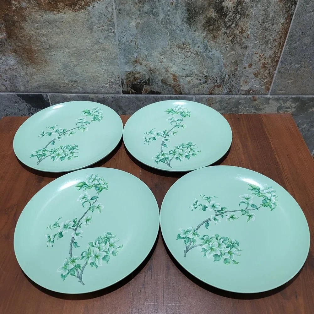 VTG Somerset Made in Boonton 6103 Green Plate Dogwood Flowers on a Branch Set o